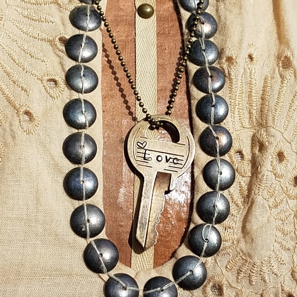 Love, Key to My Heart Vintage Key Necklace Brass